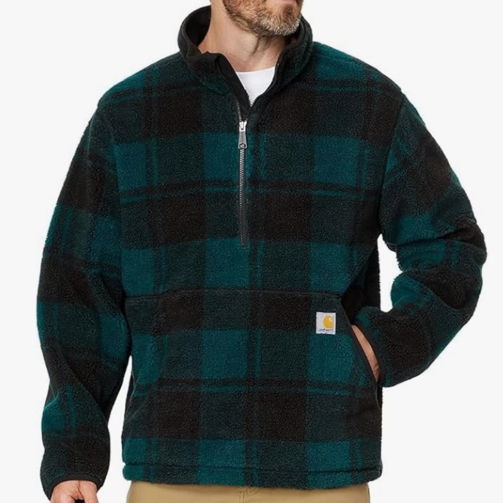Carhartt Fleece Pullover Half Zip Plaid Black Teal Blue Green S